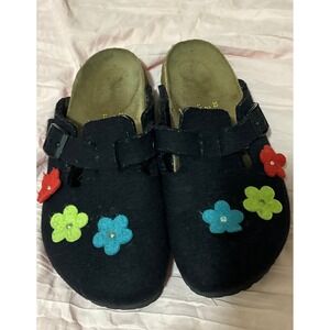 Papillio Birkenstock Black Wool Felt Flower Applique Clogs Mules Size 38 L7 Boho